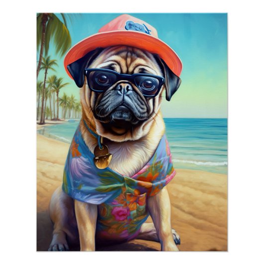 Pug on Beach, zomercadeau voor hondenliefhebber Perfect Poster (Voorkant)