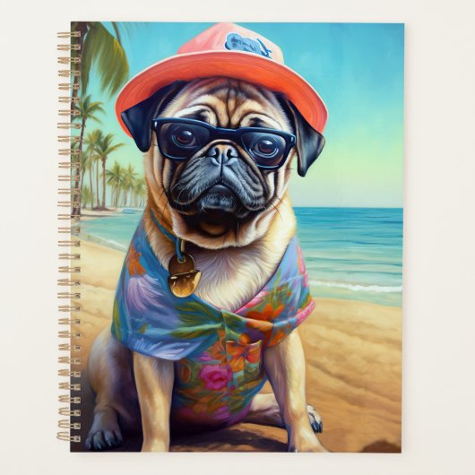 Pug on Beach, zomercadeau voor hondenliefhebber Planner (Voorkant)