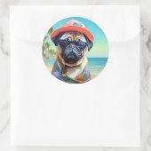 Pug on Beach, zomercadeau voor hondenliefhebber Ronde Sticker (Tas)