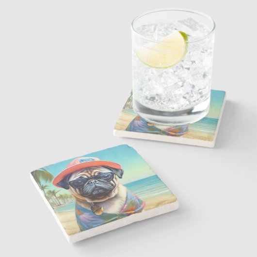 Pug on Beach, zomercadeau voor hondenliefhebber Stenen Onderzetter (Zijkant)