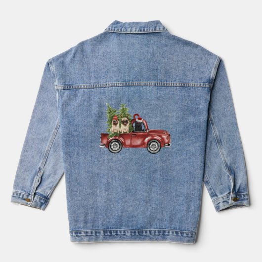 Pug on Car Kerstversier Funny kerstboom Denim Jacket (Achterkant)