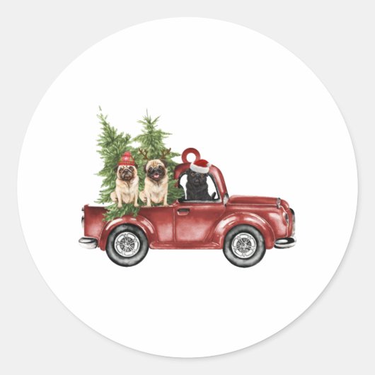 Pug on Car Kerstversier Funny kerstboom Ronde Sticker (Voorkant)