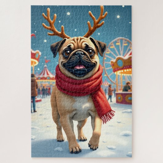 Pug op de Winter Fairgrounds Kerstschilderij Legpuzzel (Verticaal)