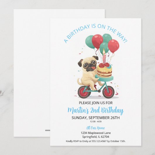 Pug op fiets met taart 2e verjaardagsfeest kaart (Voorkant / Achterkant)