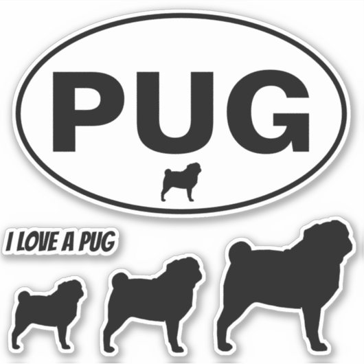PUG Ovale Sticker en Silhouetten Vinyl Sticker Set (Voorkant)
