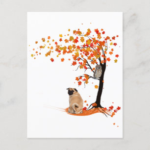 Pug Owl and Herfst Tree Pug Owner Funny Pug Autumn Briefkaart