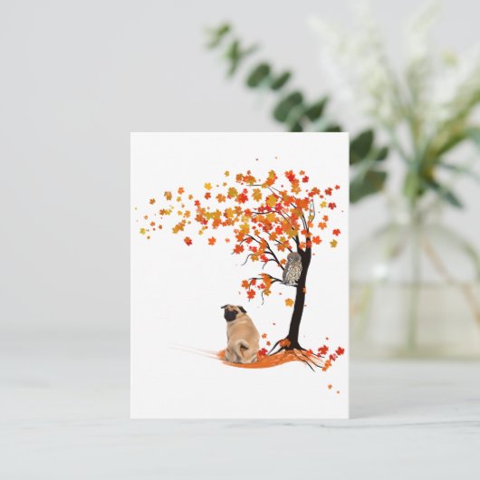 Pug Owl and Herfst Tree Pug Owner Funny Pug Autumn Briefkaart (Staand voorkant)