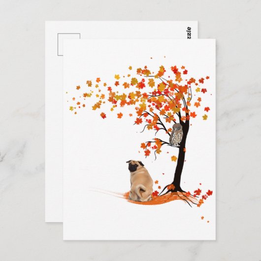 Pug Owl and Herfst Tree Pug Owner Funny Pug Autumn Briefkaart (Voorkant / Achterkant)