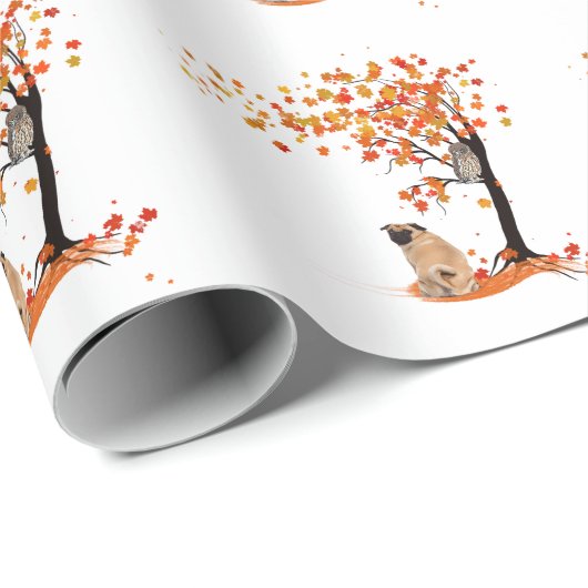 Pug Owl and Herfst Tree Pug Owner Funny Pug Autumn Cadeaupapier (Rol Hoek)