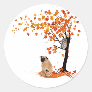 Pug Owl and Herfst Tree Pug Owner Funny Pug Autumn Ronde Sticker