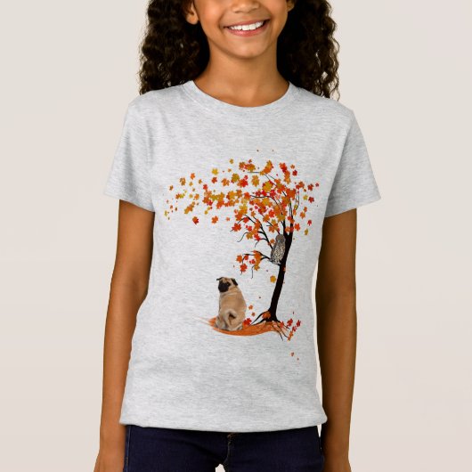 Pug Owl and Herfst Tree Pug Owner Funny Pug Autumn T-shirt (Voorkant)