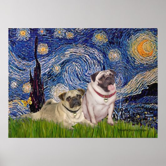 Pug Paar (vaal) - De sterrennacht Poster (Voorkant)