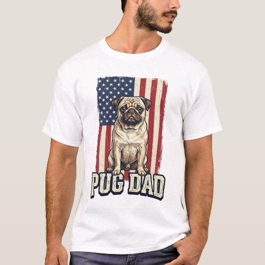 Pug Papa Patriottisch Vintage Gravure Hond Shirt D (Voorkant)