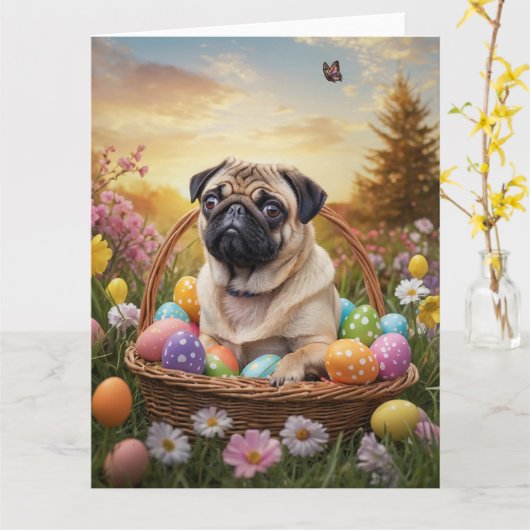 Pug Pasen Eieren Kaart (Gele Bloem)
