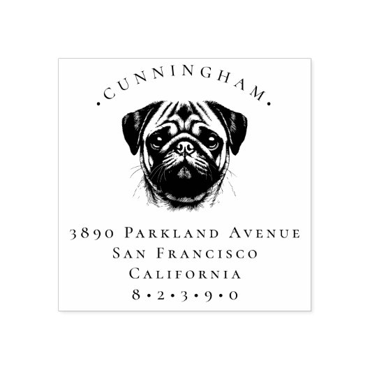 Pug Pet Dog achternaam en retour adres Rubberstempel (Afrduk)