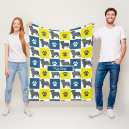 Pug Pet Dog & Paw Print Yellow Grid Silhouette Fleece Deken