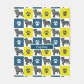 Pug Pet Dog & Paw Print Yellow Grid Silhouette Fleece Deken (Voorkant)
