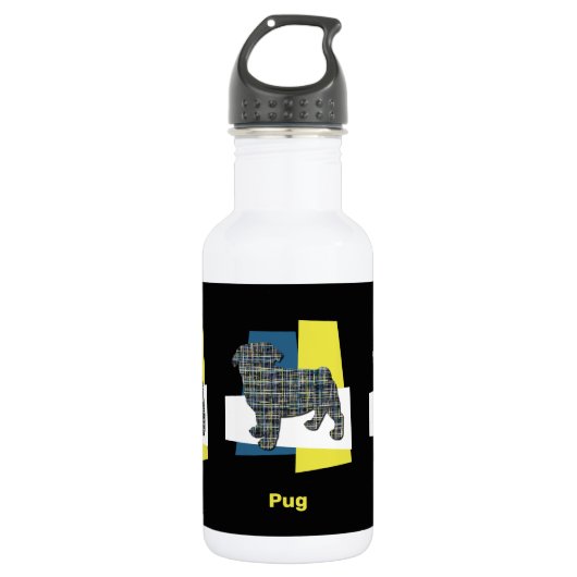 Pug Pet Dog Silhouette Yellow & Blue Grid Waterfles (Voorkant)