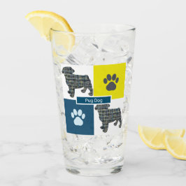 Pug Pet Silhouette Dog & Paw Yellow & Blue Grid Glas