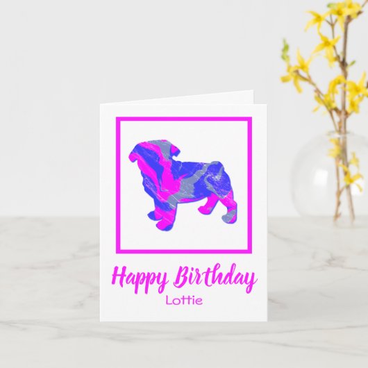 Pug Pink Dog Sillhouette Funny Birthday Kaart (Gele Bloem)