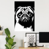 Pug Pop Art Wit & Zwart Fun Chic Esthetiek Poster (Thuiskantoor)