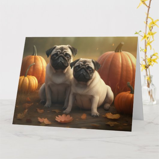 Pug Pupp Autumn Delight Pompoen Kaart (Gele Bloem)