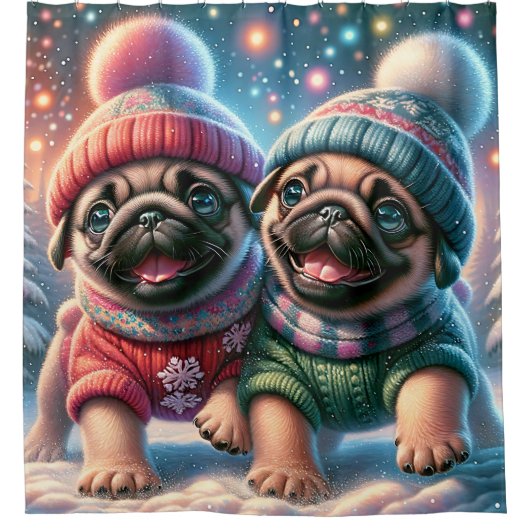 "Pug Puppies’ eerste sneeuwval - grillige winter" Douchegordijn (Voorkant)