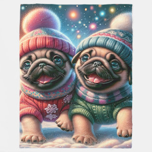 "Pug Puppies’ eerste sneeuwval - grillige winter" Fleece Deken