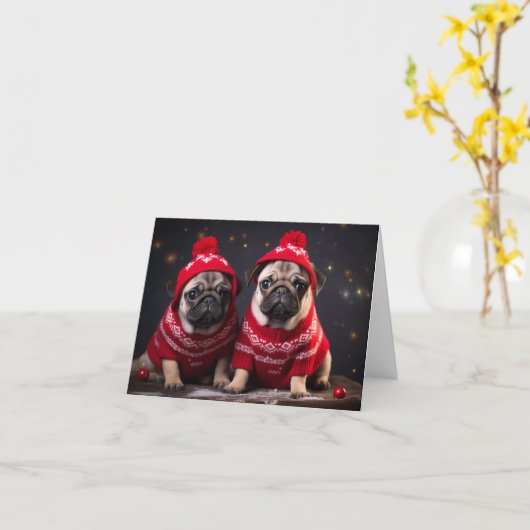 Pug Puppies Kerst Kaart (Gele Bloem)