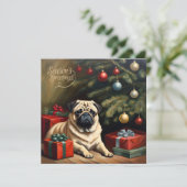 Pug Puppy bij de Kerstboom Feestdagenkaart (Staand voorkant)