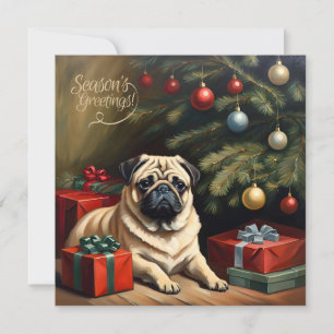  Pug Puppy bij de Kerstboom Feestdagenkaart