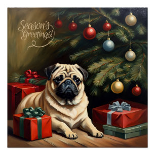  Pug Puppy bij de Kerstboom Perfect Poster