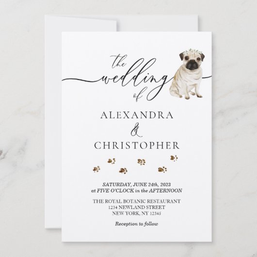 Pug puppy bruiloft kalligrafie kaart (Voorkant)