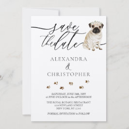 Pug puppy bruiloft kalligrafie script save the date