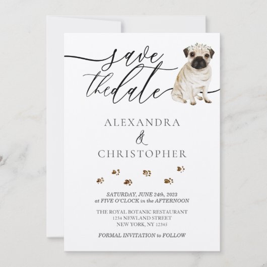 Pug puppy bruiloft kalligrafie script save the date (Voorkant)