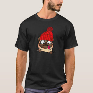 Pug-puppy die een muts-sokkenhoed draagt t-shirt