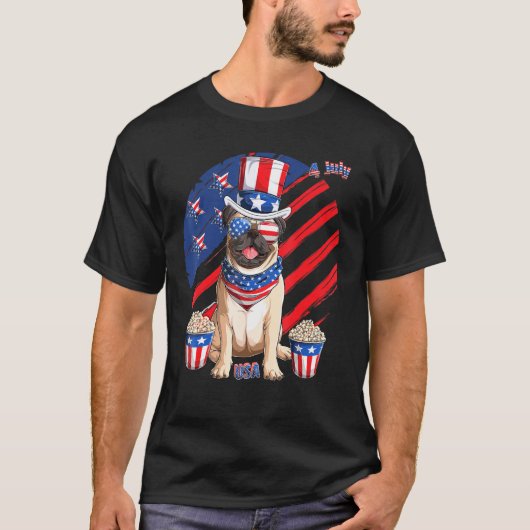 Pug Puppy Dog 4 van juli Patriottisch Amerikaans V T-shirt (Voorkant)