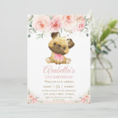 Pug Puppy Dog Blush Roze Bloemen Meisje Verjaardag Kaart (Staand voorkant)