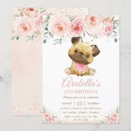 Pug Puppy Dog Blush Roze Bloemen Meisje Verjaardag Kaart
