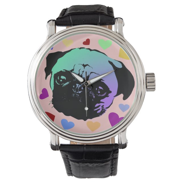 Pug Puppy Dog Love Hearts Horloge (Voorkant)