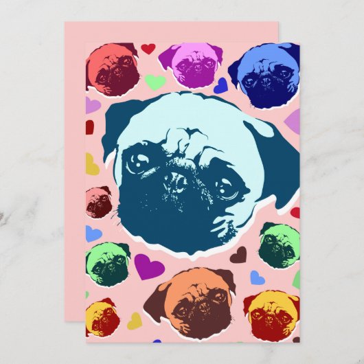 Pug Puppy Dog Love Hearts Kaart (Voorkant / Achterkant)