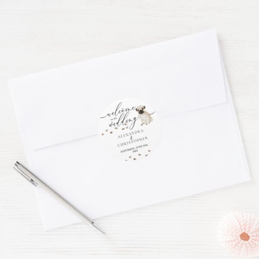 Pug puppy Dog Wedding Welcome Ronde Sticker (Envelop)