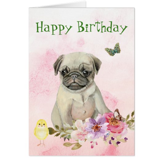 Pug Puppy Floral Birthday Card (Voorkant)