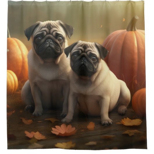 Pug Puppy Herfst Delight Pompoen Douchegordijn (Voorkant)