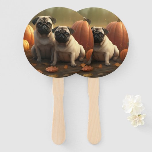 Pug Puppy Herfst Delight Pompoen Handwaaier (Voorkant en achterkant)