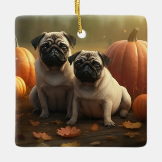 Pug Puppy Herfst Delight Pompoen Keramisch Ornament (Voorkant)