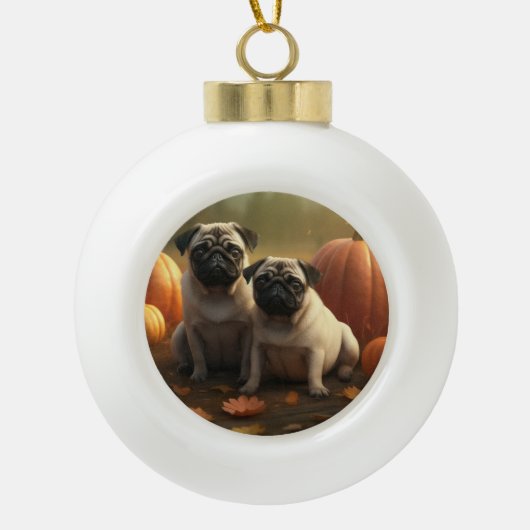 Pug Puppy Herfst Delight Pompoen Keramische Bal Ornament (Voorkant)