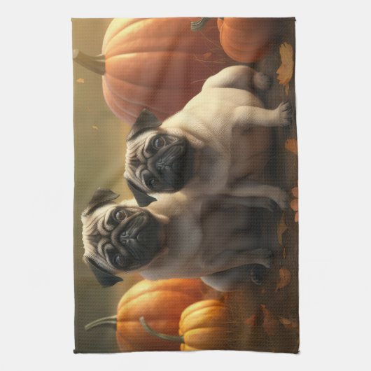 Pug Puppy Herfst Delight Pompoen Theedoek (Verticaal)