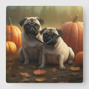 Pug Puppy Herfst Delight Pompoen Vierkante Klok