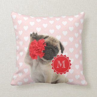 Pug Puppy holding Red Carnance Monogram Kussen